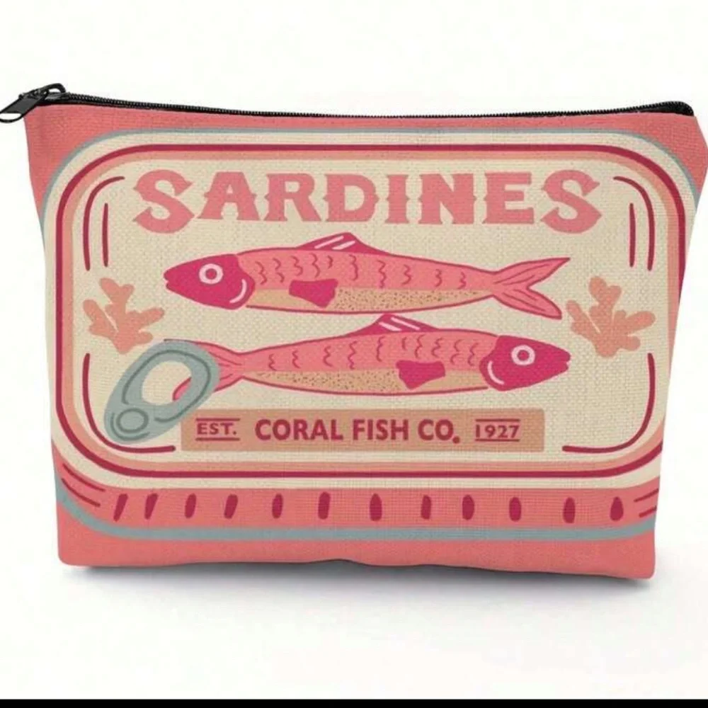 New Pink and Cream Sardines Make Up Carryall Canvas Zip Top Pouch OS - Picture 14 of 15